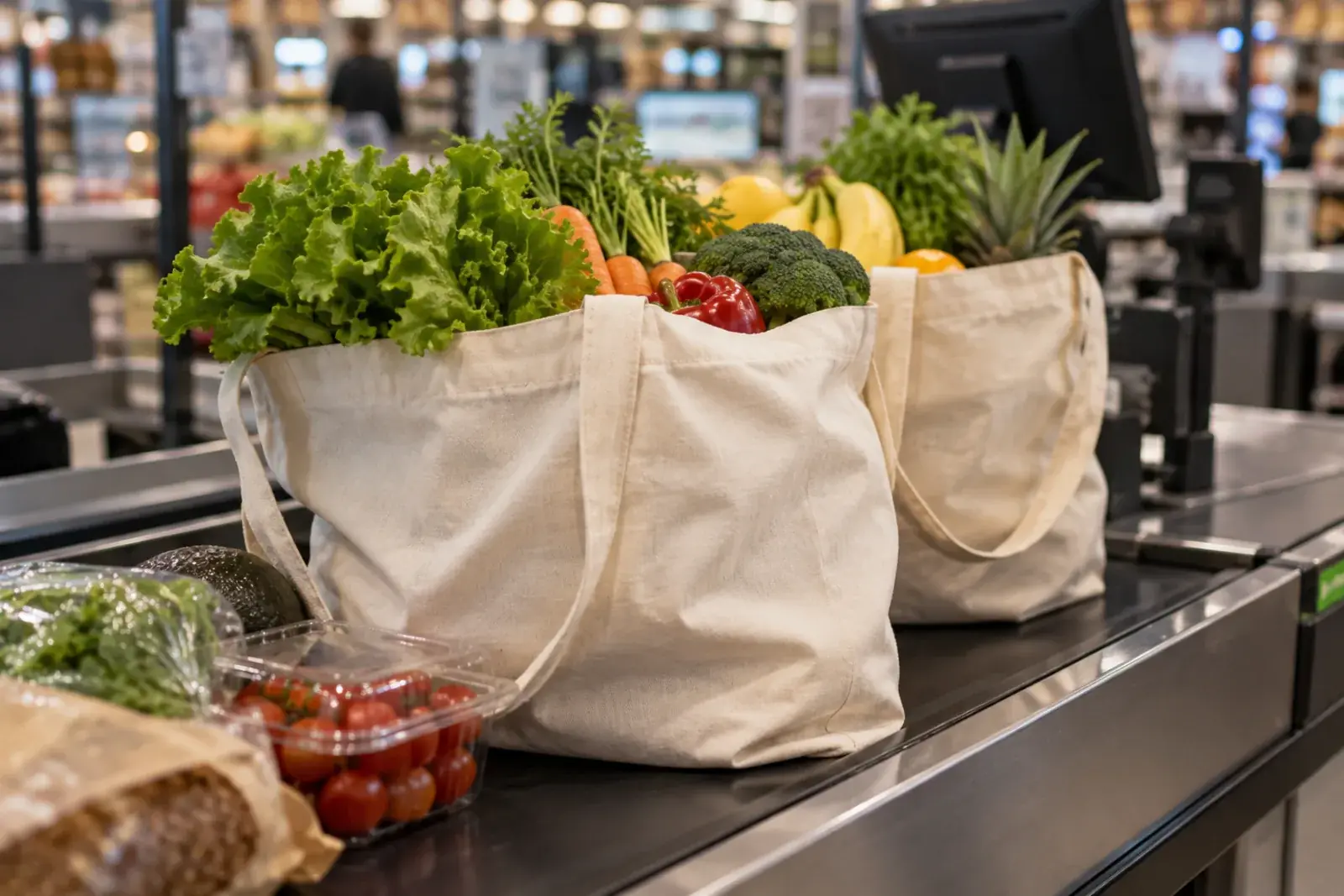 Bolsas reutilizables de tela con compras sobre el mesón de una caja de supermercado.