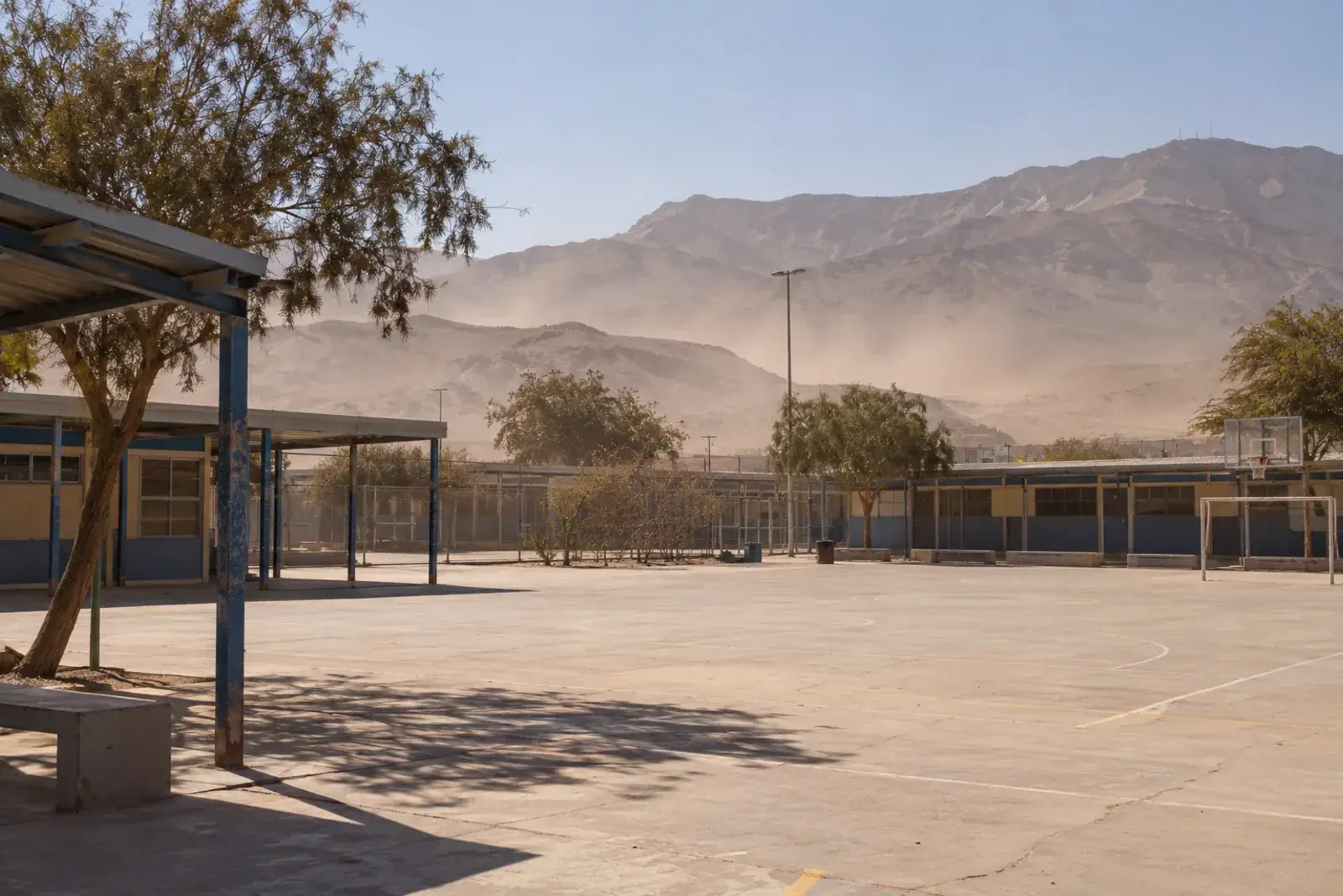 Patio de una escuela vacía en una ciudad del desierto de Atacama, con polvo en suspensión y cerros áridos al fondo.